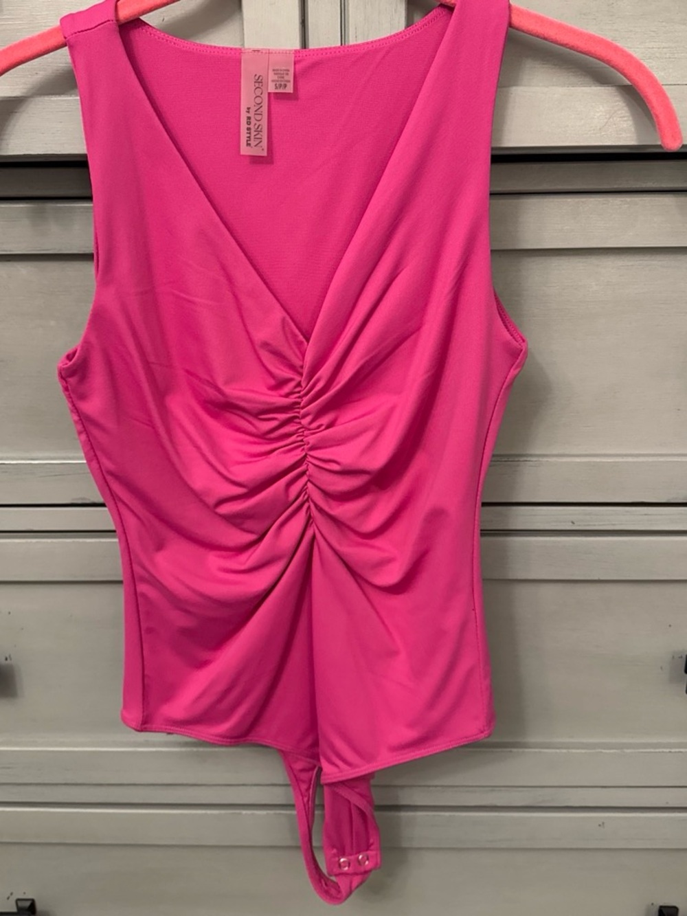 Second Skin by RD Style Bright Pink Ruched V-Neck Bodysuit